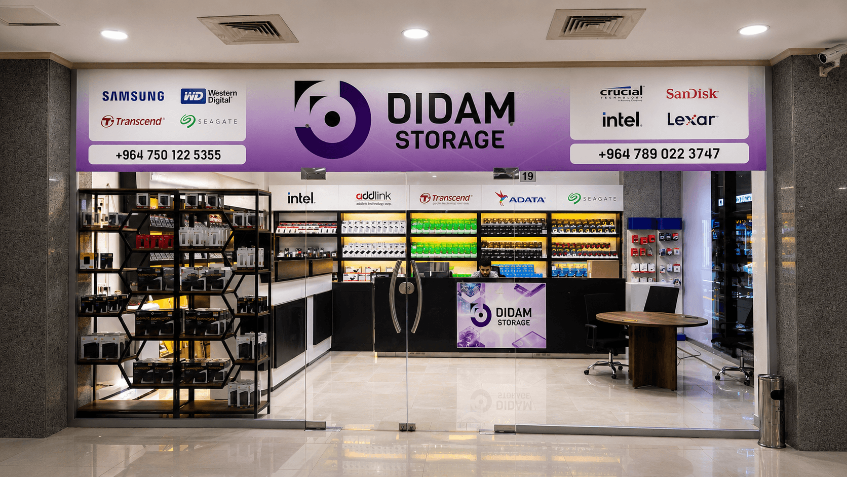 NexData retail counter and branded storefront in Erbil