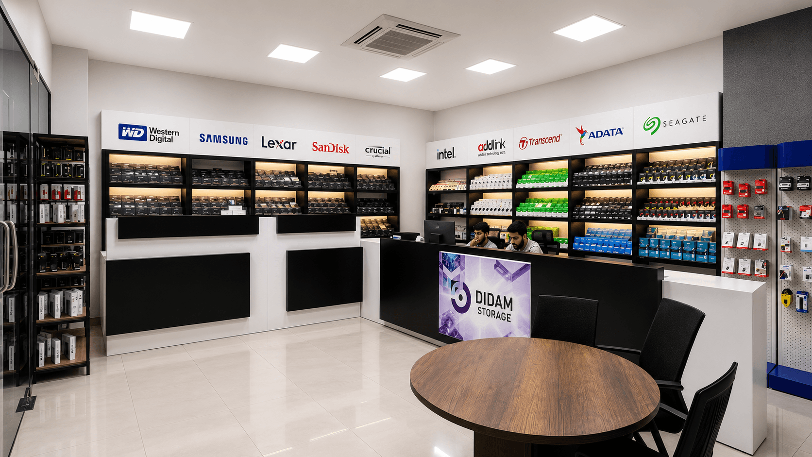 Interior of the NexData showroom with brand-organised product shelving