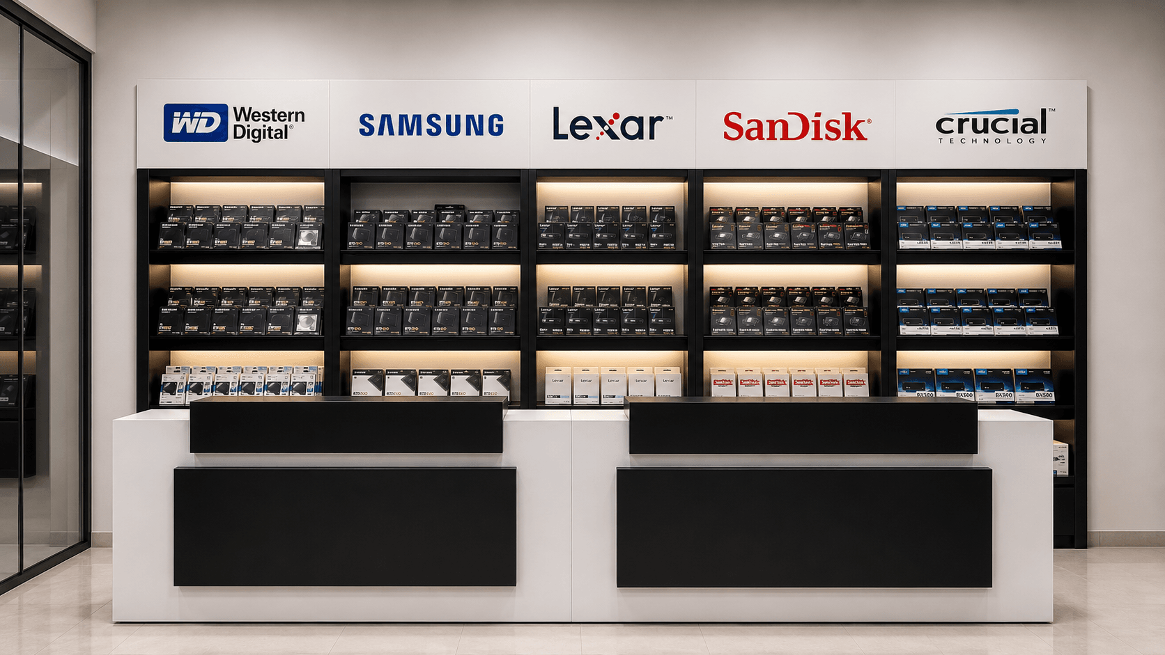 NexData product display showing branded storage hardware on shelves